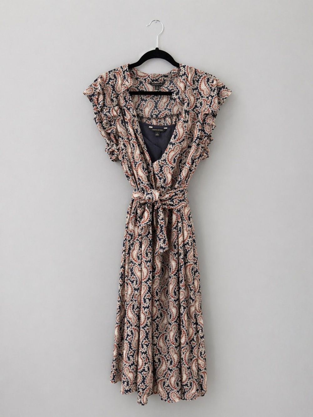 Banana Republic Paisley Midi Wrap Dress in Tan and Navy